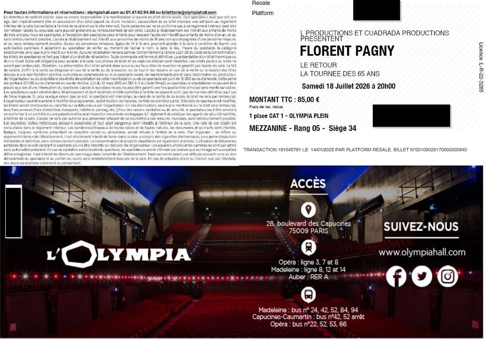 Billets concert Florent PAGNY &agrave; l'Olympia Billetterie