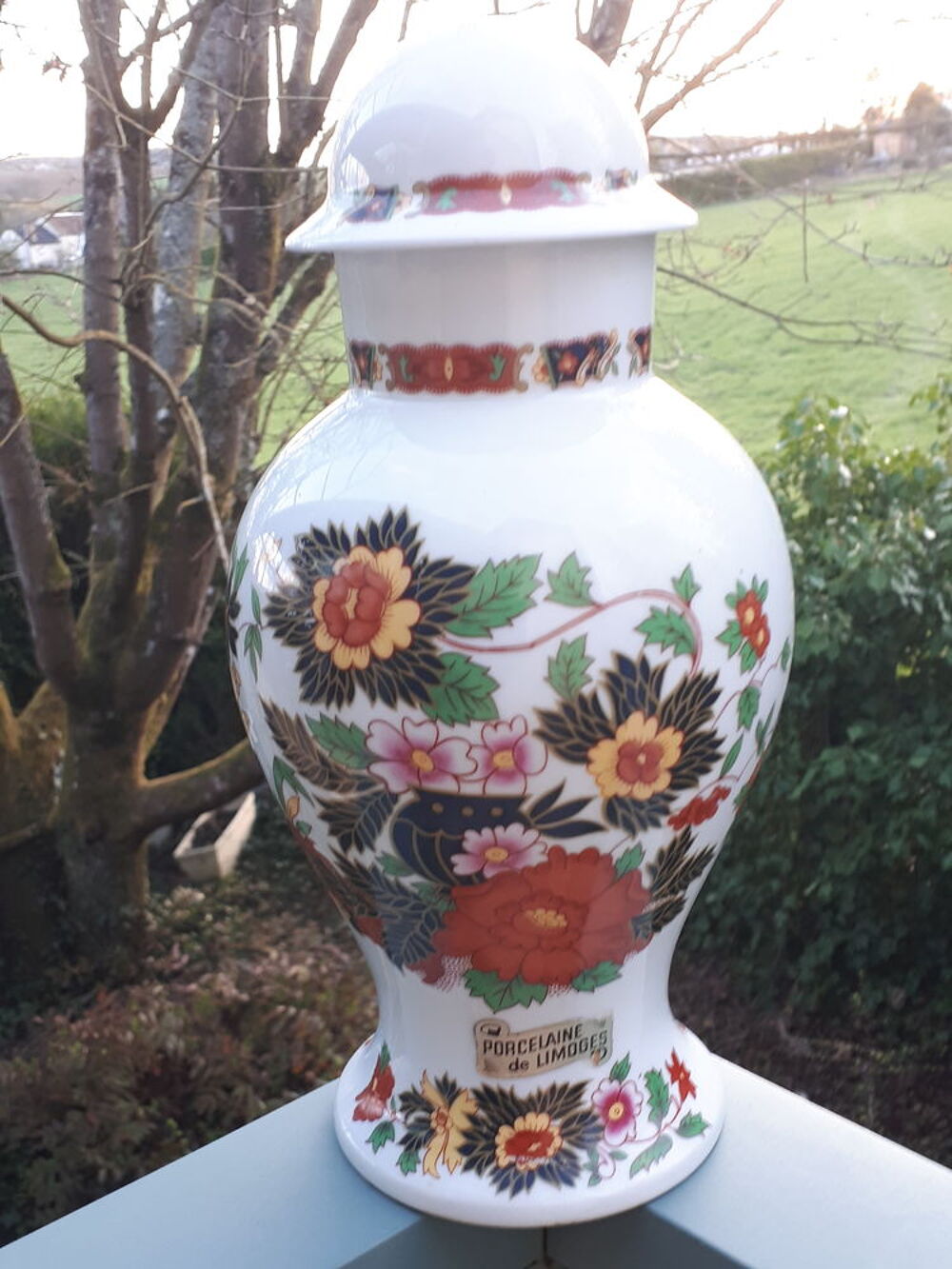 Vase ou pot en porcelaine de Limoges avec couvercle Décoration