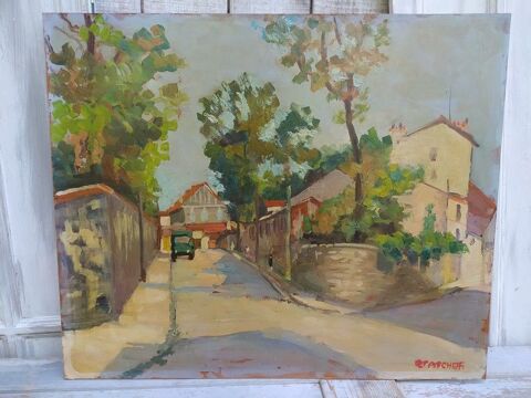 Tableau Paysage Rue Village Automobile Peintre  identifier. 180 Paris 1 (75)