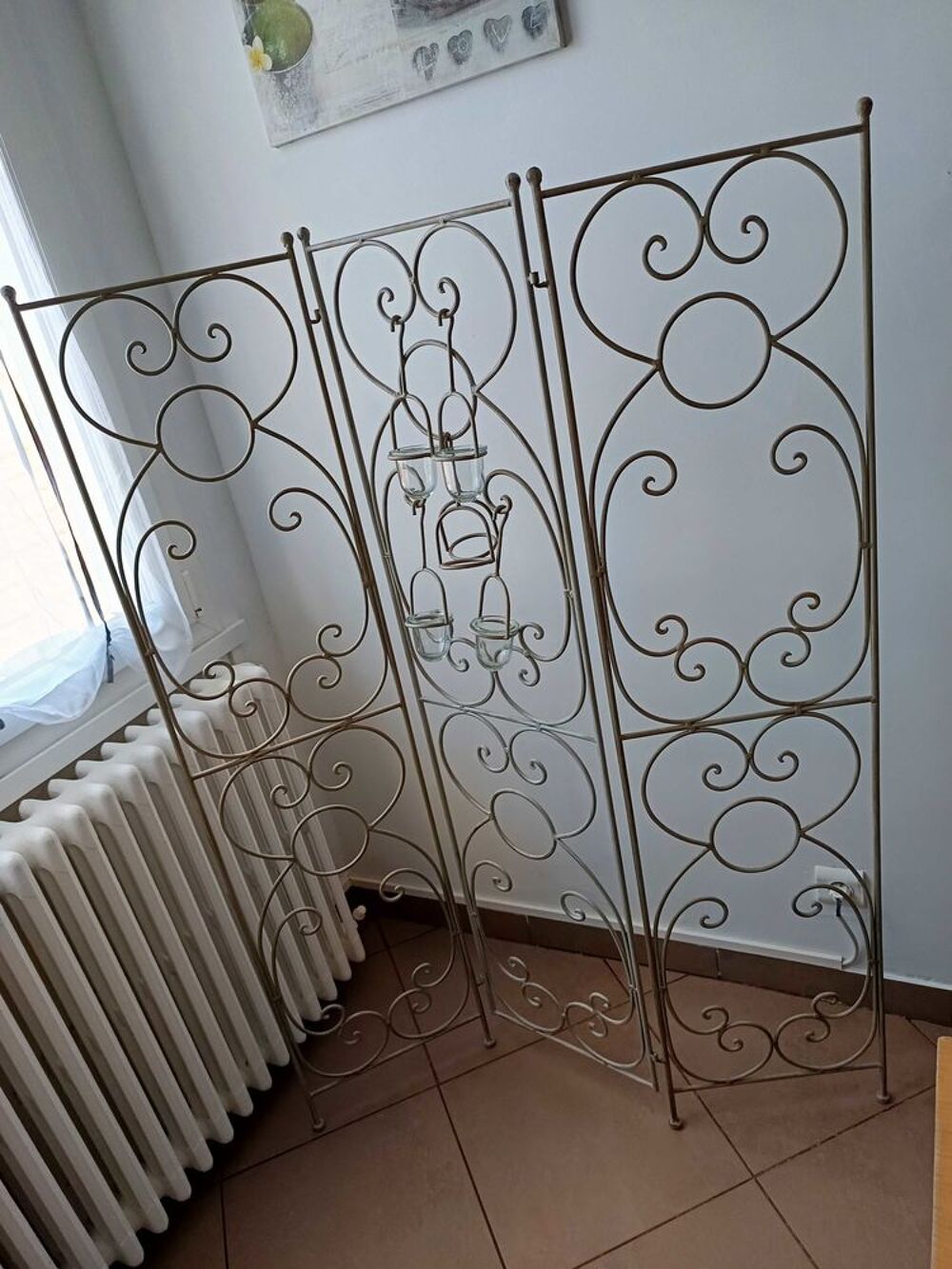 paravent fer forg&eacute; 3 panneaux et 4 supports verre et fer forg&eacute; Décoration