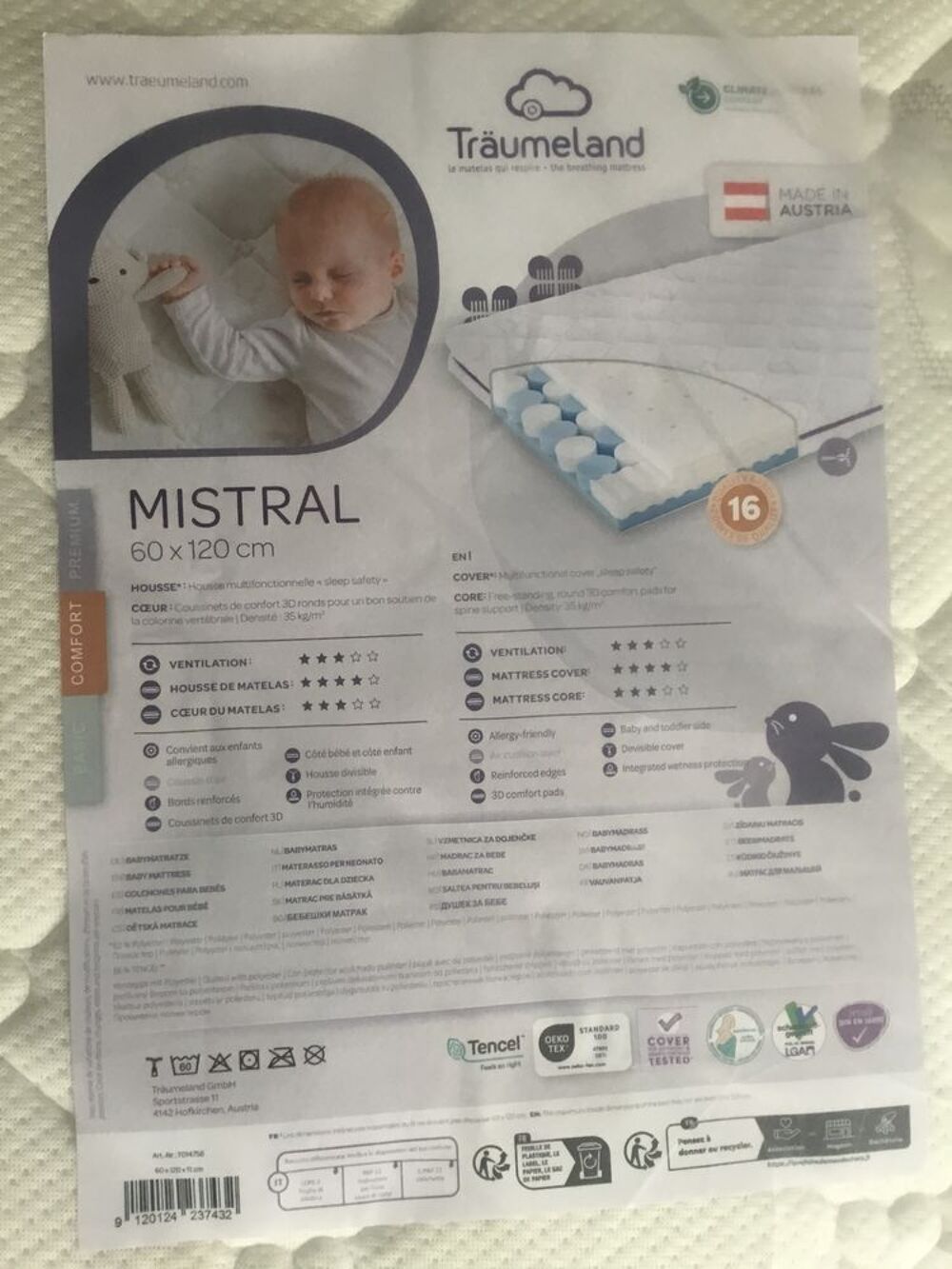 MATELAS HAUTE RESILIENCE AVEC PAD 3D 60X120CM Pu�riculture