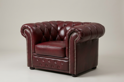 Fauteuil Chesterfield en cuir bourgogne, structure en teck 600 Malataverne (26)