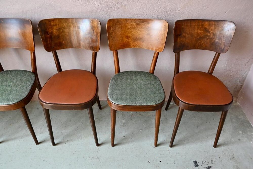 Lot de 6 chaises bistrot sign&eacute;es Baumann en h&ecirc;tre et ska&iuml; Meubles