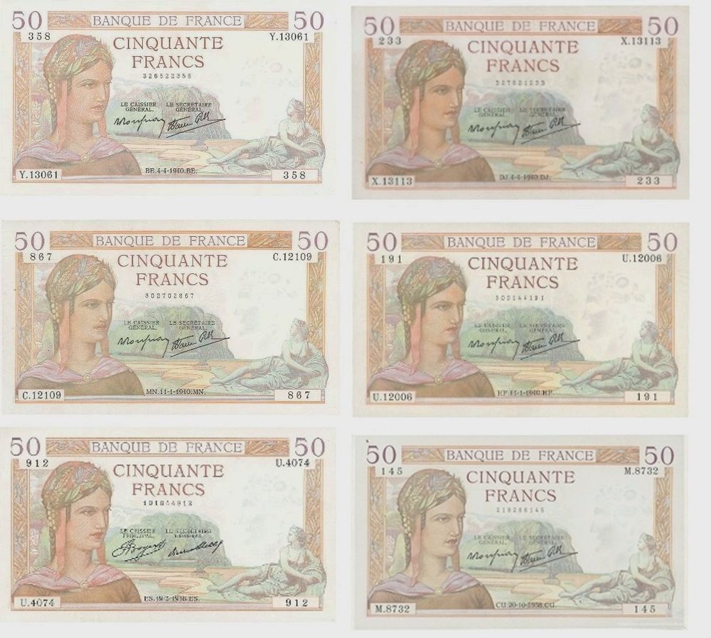  F18 50 F CERES RARE LOT DE 6 BILLETS 