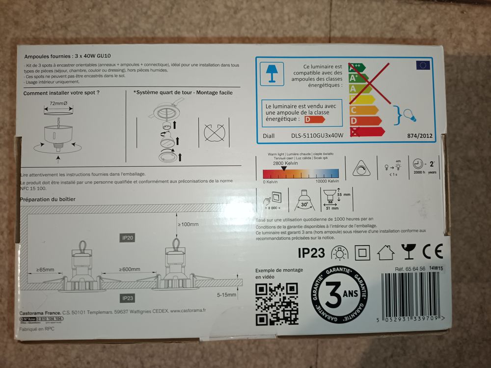 Kit de 3 spots &agrave; encastrer DIALL Bricolage