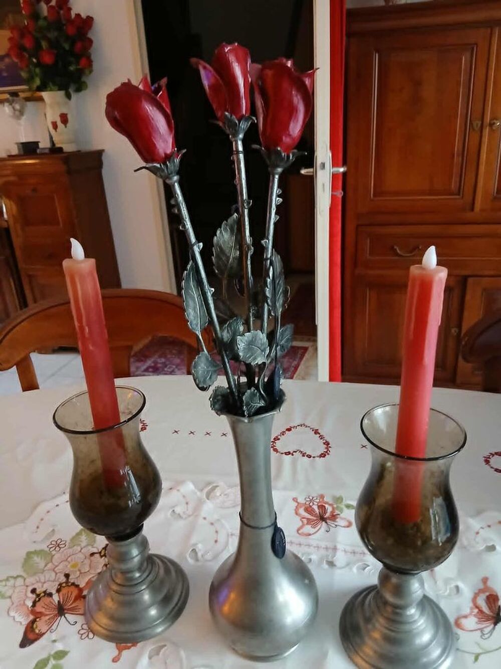  Vase vintage 3 roses &eacute;tain 2 photophores &eacute;tain verre bull&eacute; D�coration