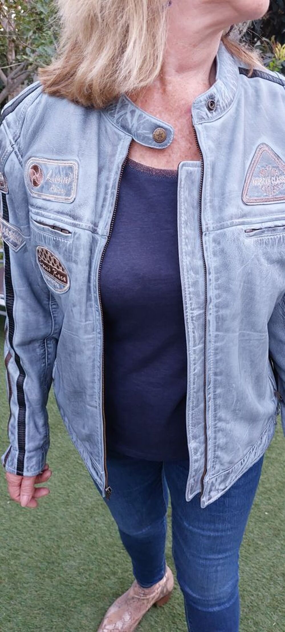 blouson moto cuir couleur jean Vêtements