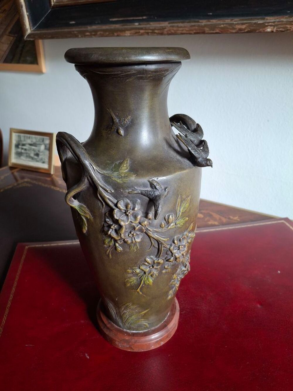 Paire vases art nouveau r&eacute;gule triple patine sign&eacute;s Moreau Décoration