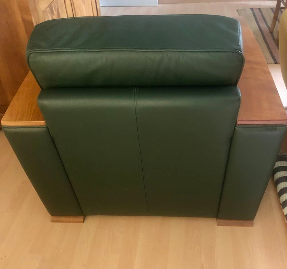 Fauteuil Bois merisier et cuir pleine fleur vert Meubles