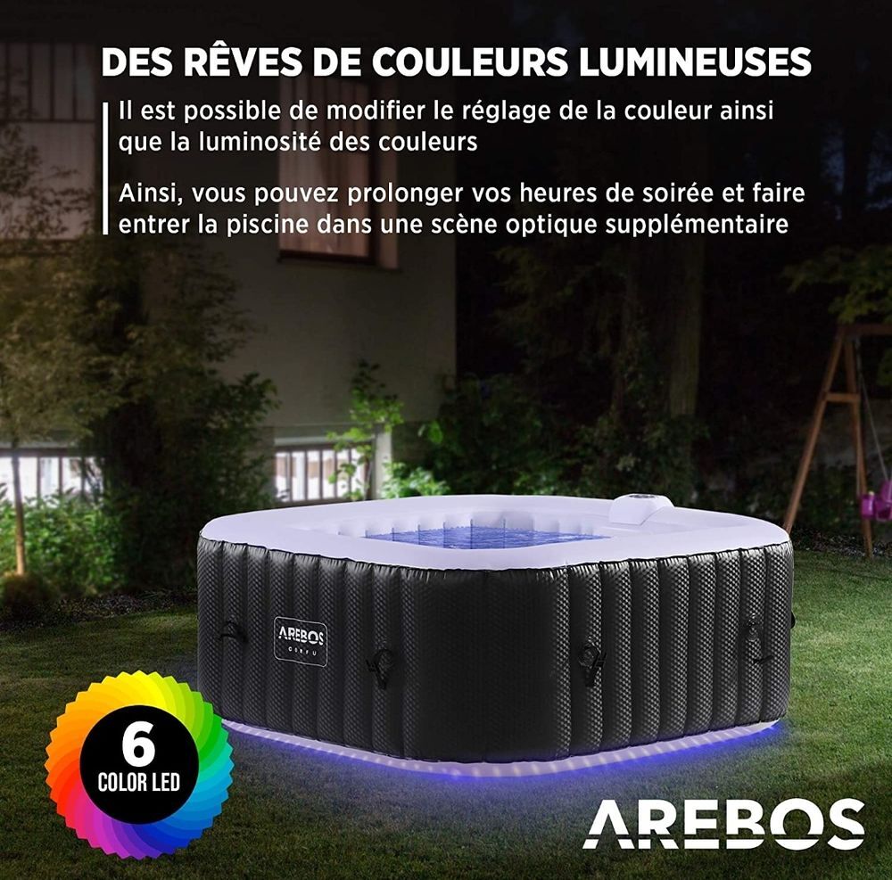 Spa gonflable AREBOS 154&times;154 avec &eacute;clairage LED/6 couleurs/
Jardin
