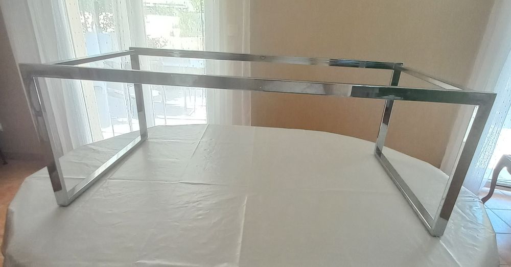 Table basse vintage ann&eacute;es 70 inox et verre 110 x 55 cm Meubles