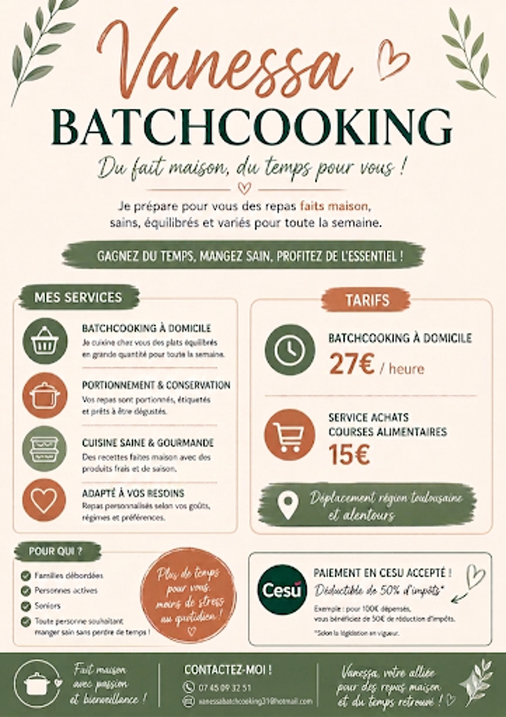   Cuisinière à domicile  