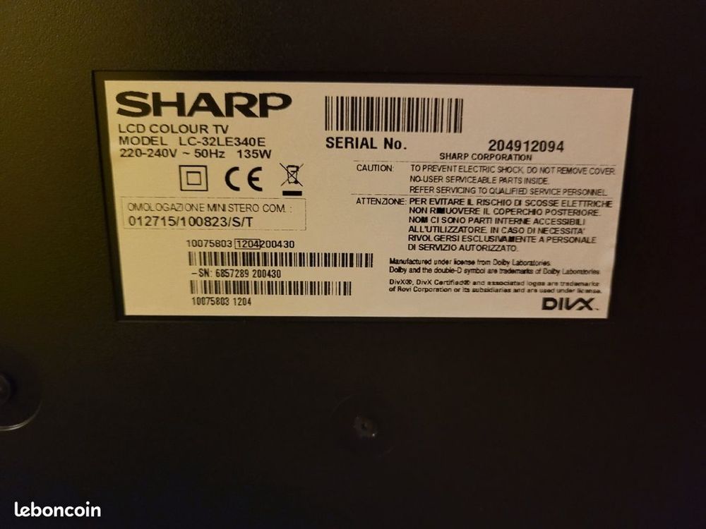 T&eacute;l&eacute;vision Sharp 80cms noire, tr&egrave;s bon &eacute;tat Photos/Video/TV