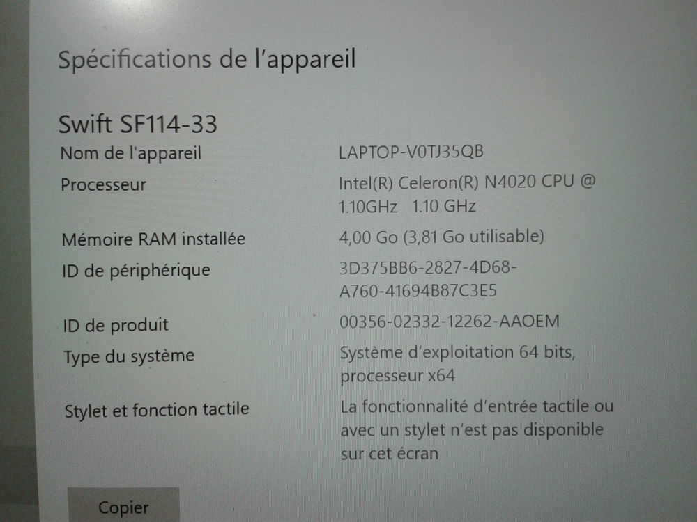PC portable Acer Swift 1 Matériel informatique