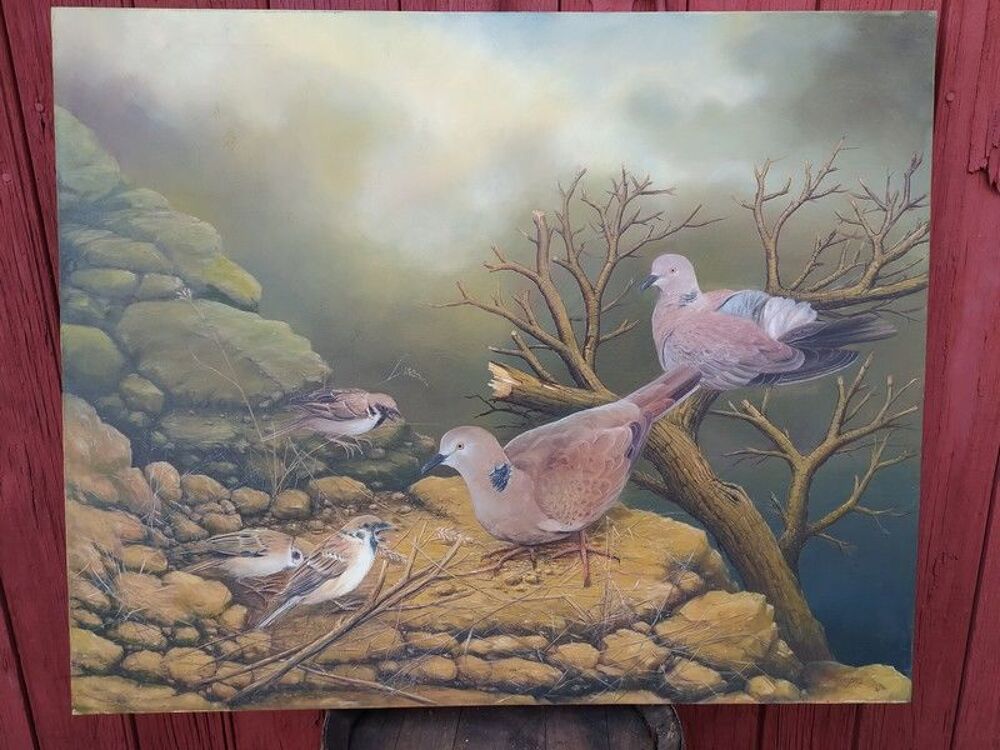 Grand Tableau Peinture sur Toile Oiseaux et Pigeons 