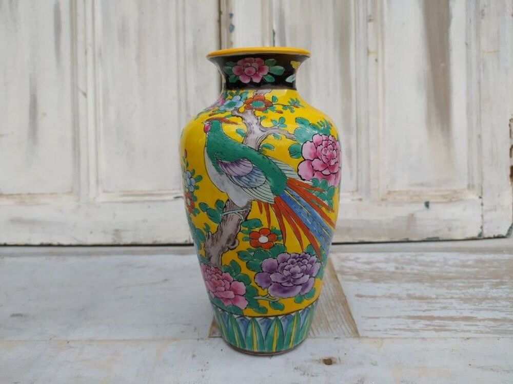Ancien Vase Japon ou Chine D&eacute;cor Oiseau et Pivoines 