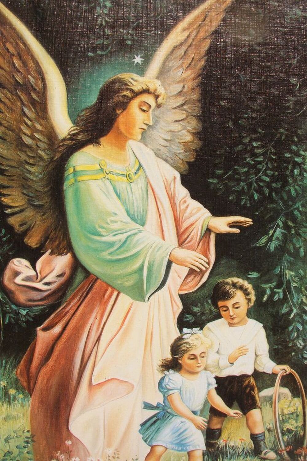 Ancien tableau gravure l'Ange gardien prot&eacute;geant les enfants Décoration