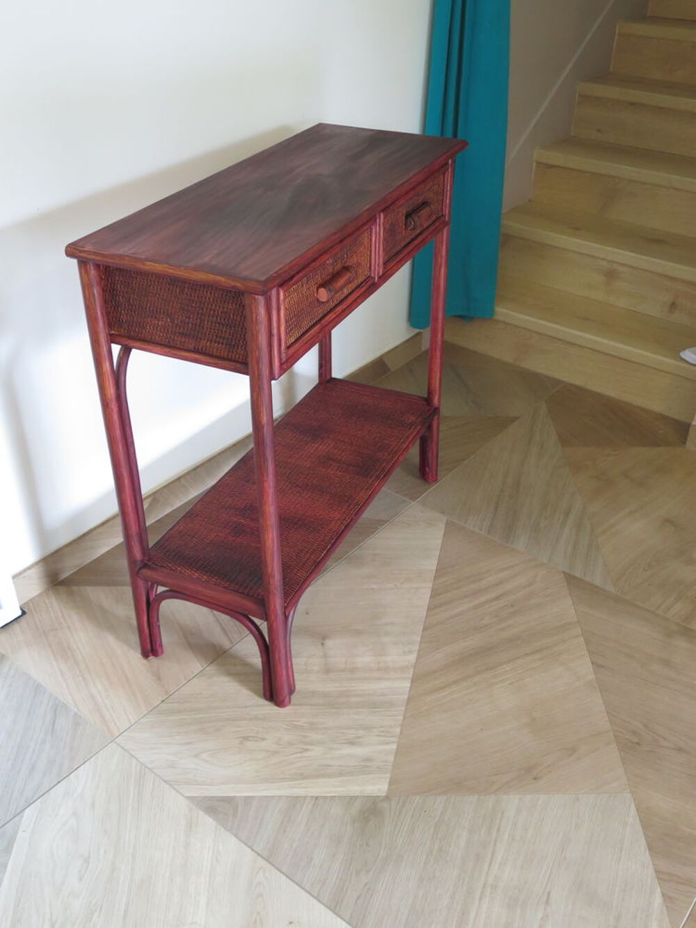 Vintage-console 2 tiroirs - en bois et rotin tress&eacute;-ann&eacute;e 80 Meubles