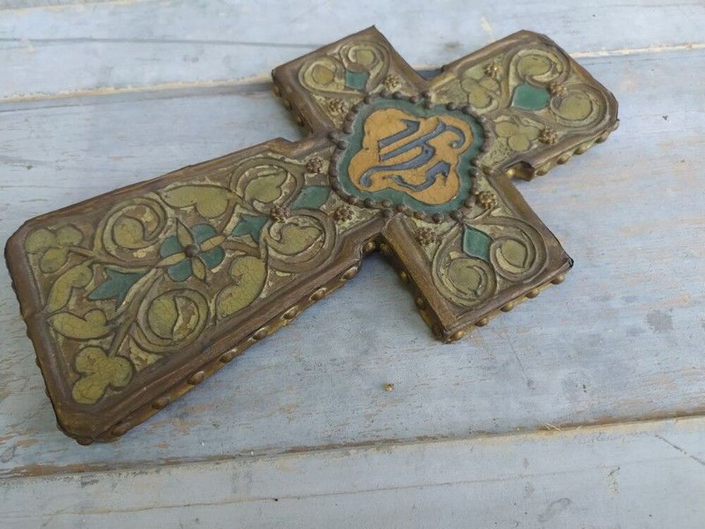 Ancienne Croix Grecque Laiton &Eacute;mail sur Bois Antique Greek 