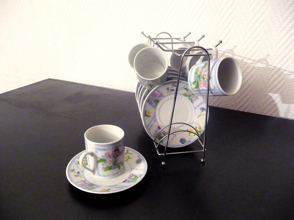 Service &agrave; Caf&eacute; Porcelaine Multicolore avec Support, 6 Tasses Electroménager