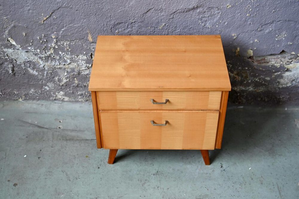 Chevet en bois vintage pieds compas ann&eacute;es 50 Meubles