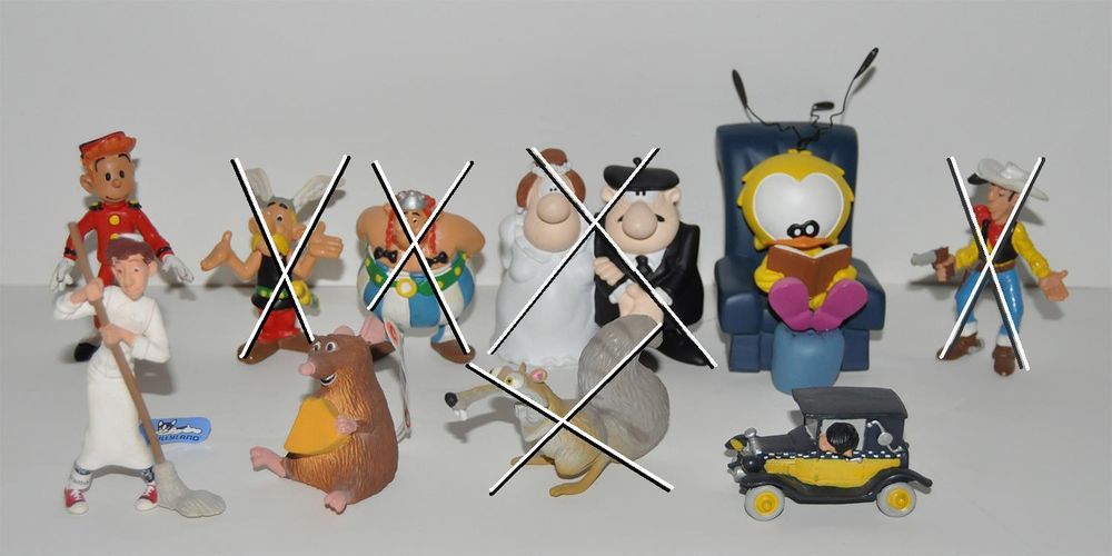 Figurines le piaf, spirou, ratatouille et r&eacute;my et linguini, 