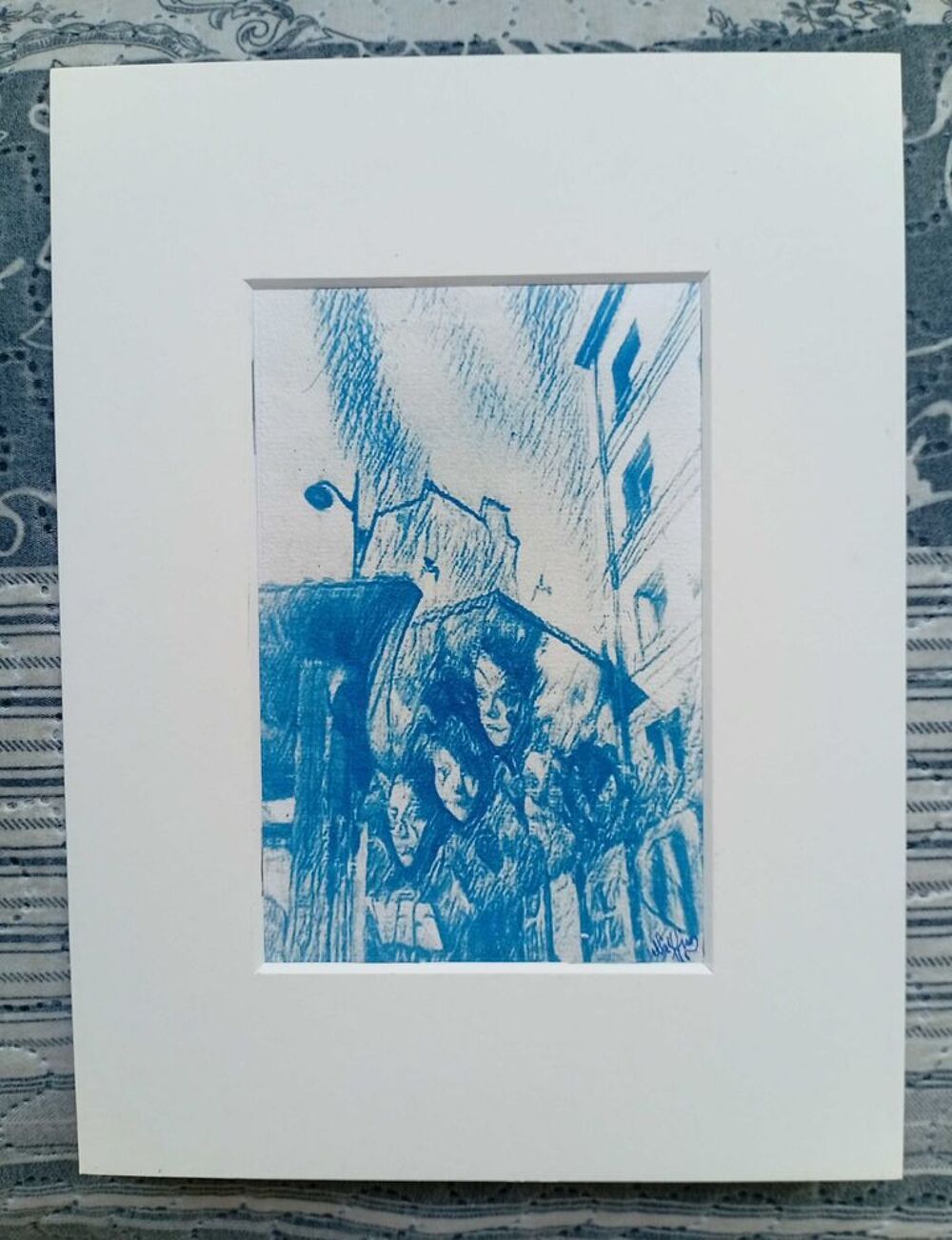 Photographie en Cyanotype, Proc&eacute;d&eacute; Photographique 1842, Bleu de Prusse, Papier Aquarelle professionnel, ""Les Orphelins", 20, 8cm/16,5cm/encadrement Décoration