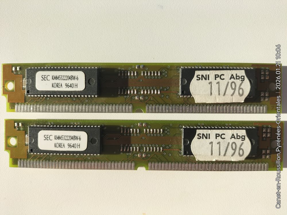 Lot 2 M&eacute;moires "Vintage" Simm EDO 72-pins &amp; 2 faces 8M_60ns Matériel informatique