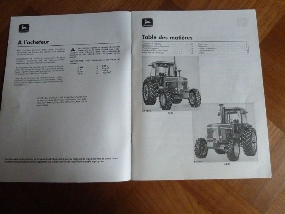 Livret d'entretien tracteur JOHN DEERE 4230 et 4430 Livres et BD