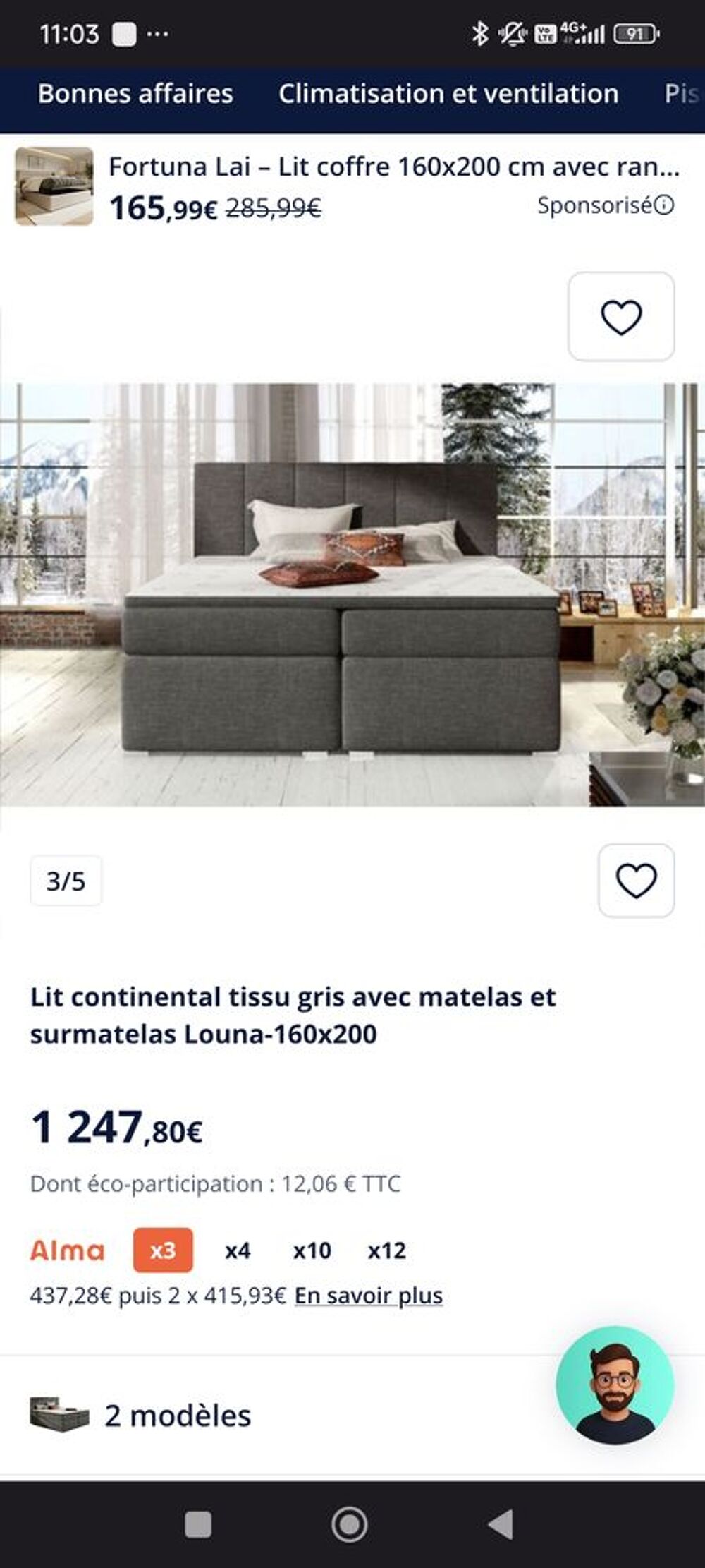 Lit coffre, 160x200, tissu gris avec matelas et t&ecirc;te de lit Meubles