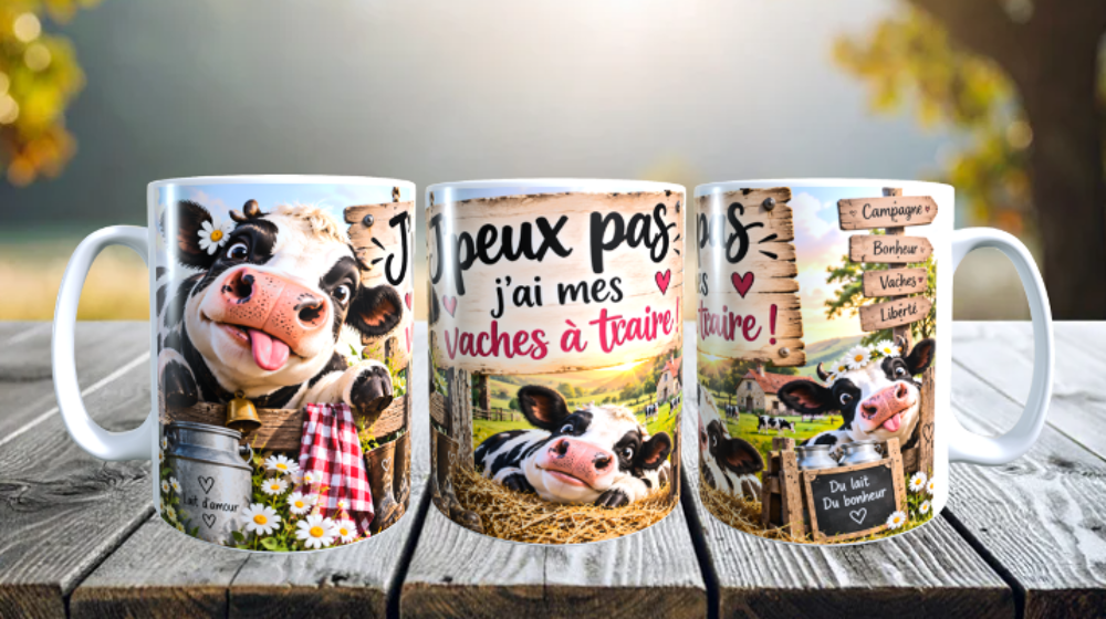 Mug humour, j'peux pas j'ai mes vaches &agrave; traire (mod&egrave;le 2) Décoration