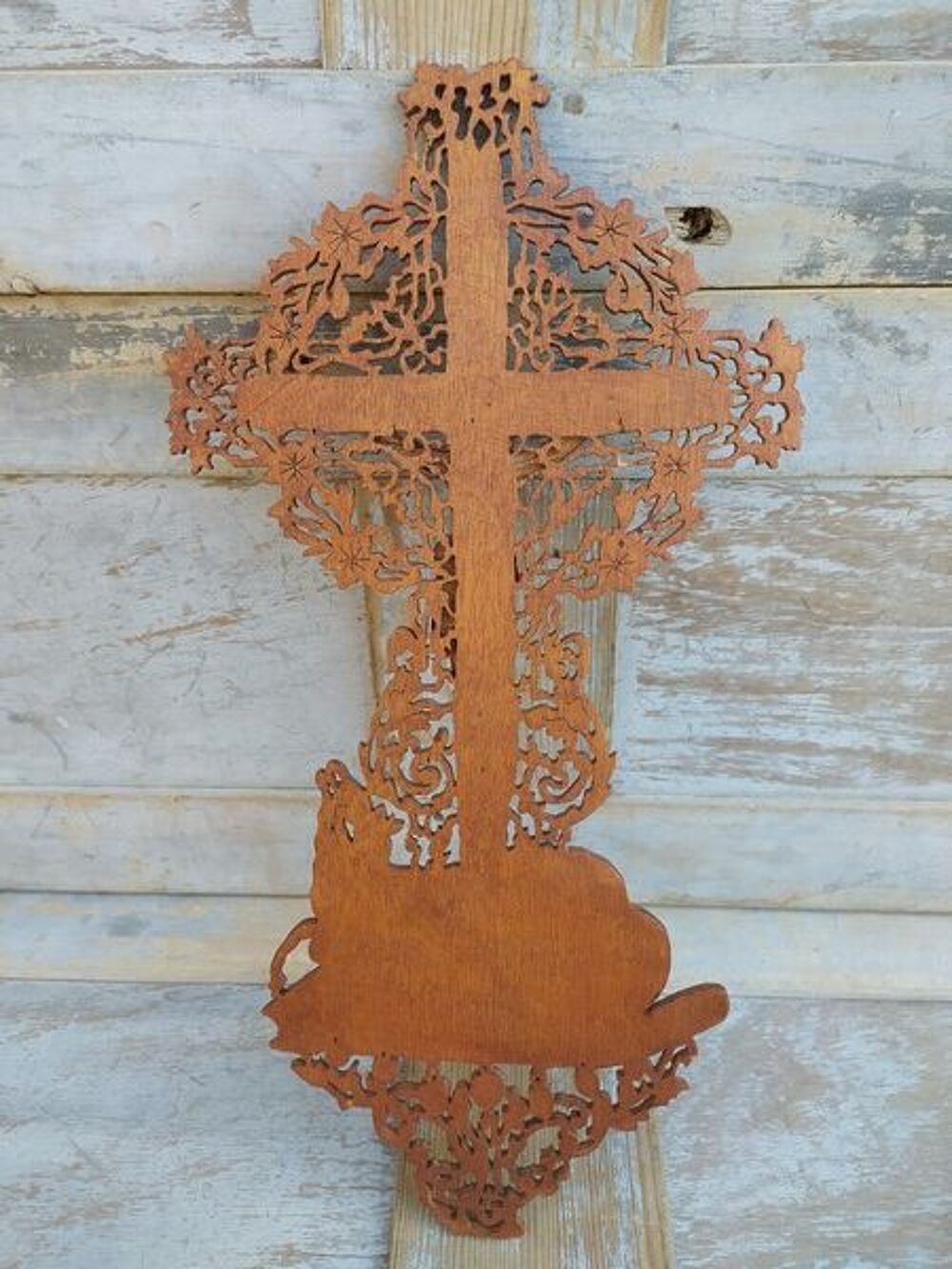 Ancien Crucifix Bois Chantourn&eacute; Croix Christ Religious Cross 