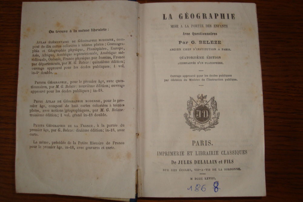 livre de g&eacute;ographie 1868 Livres et BD