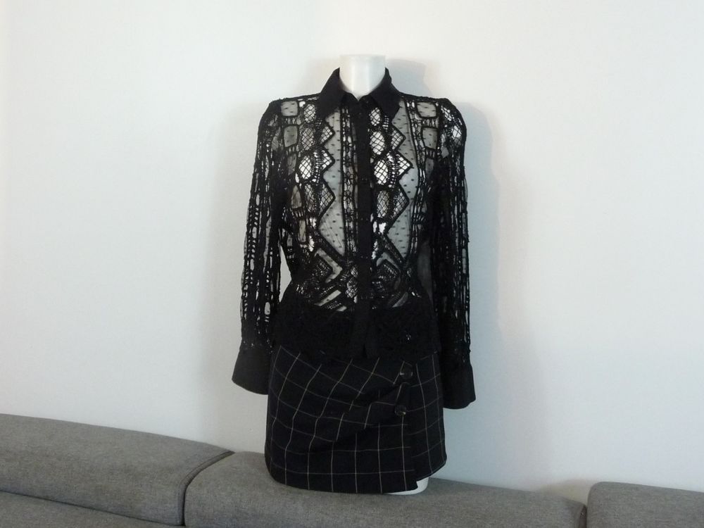 Blouse/ Chemisier Noir Ajour&eacute; en Crochet, Lin et Tulle-Zara Vêtements