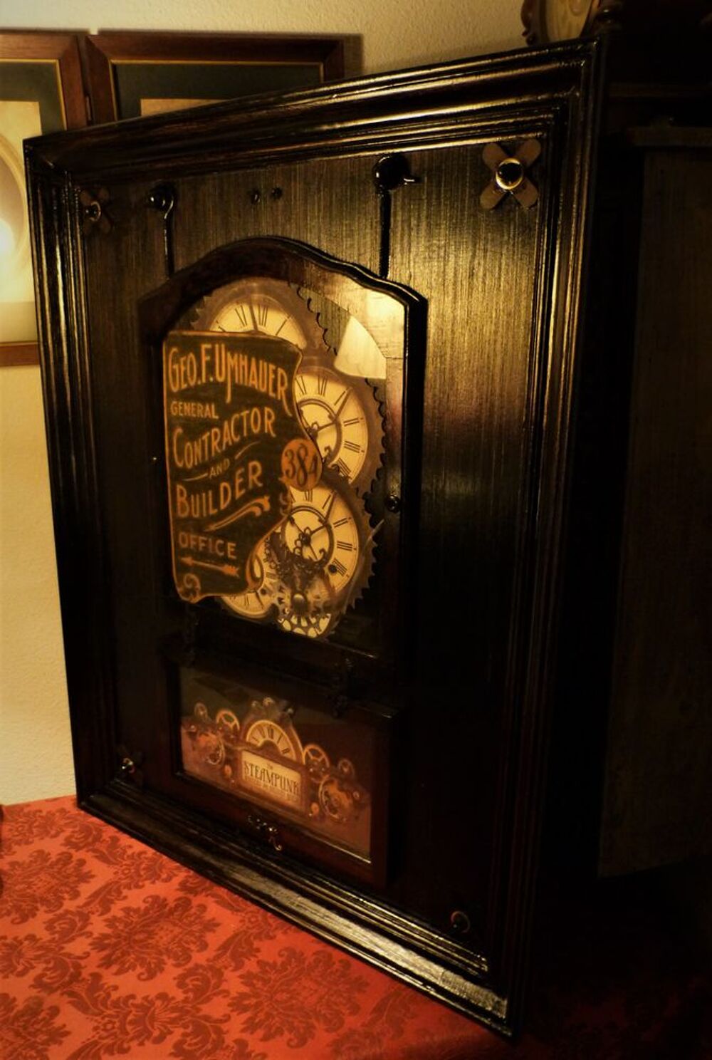 Grand Tableau Bois "ANTIQUE PUBLICITY" Steampunk Décoration