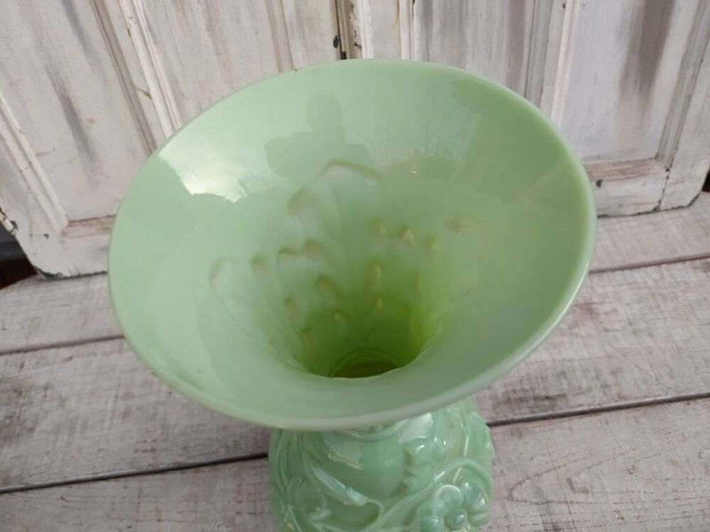 Grand Vase Verre Opaline Verte Saint Louis D&eacute;cor Fleurs Décoration
