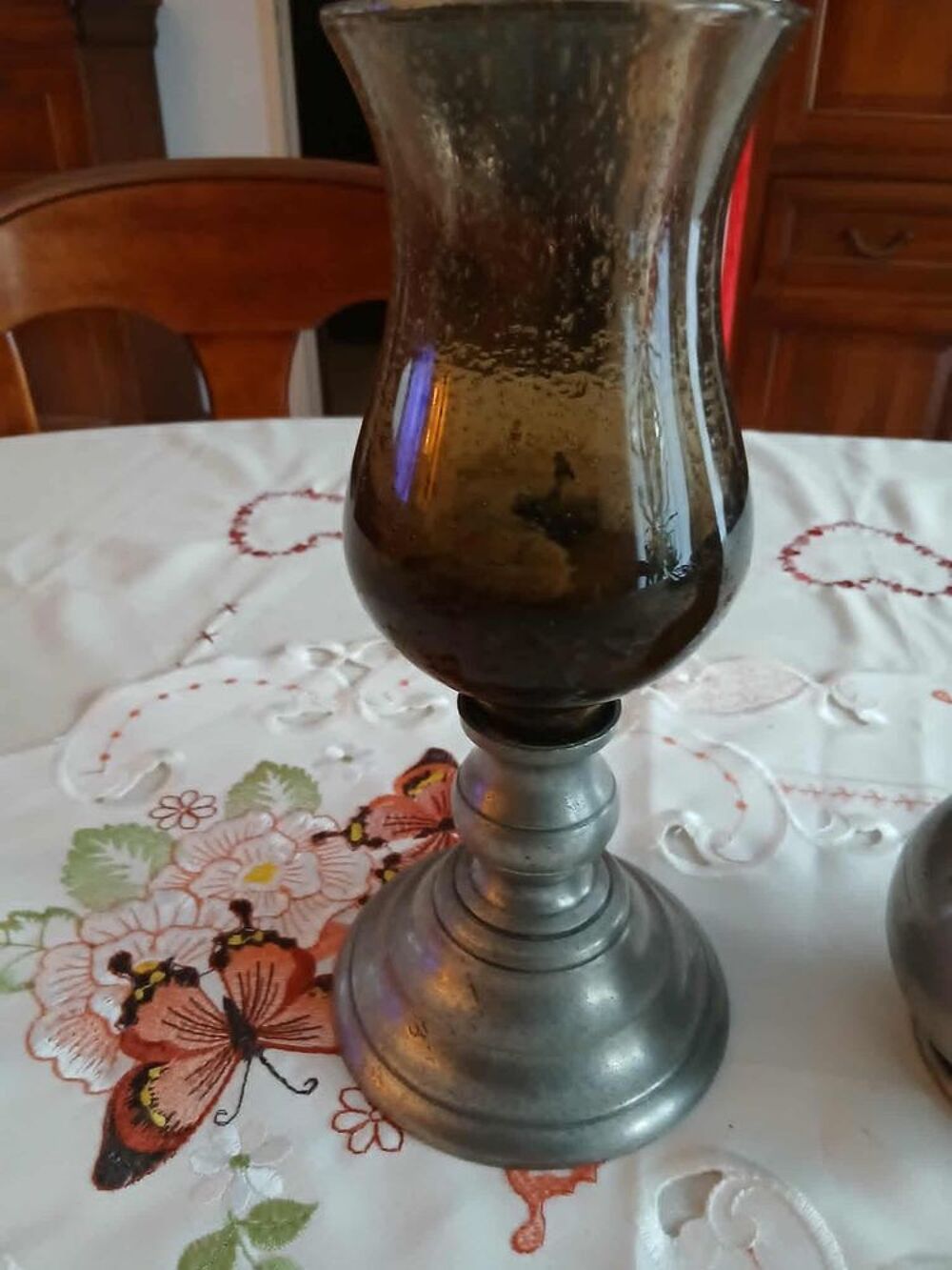  Vase vintage 3 roses &eacute;tain 2 photophores &eacute;tain verre bull&eacute; D�coration