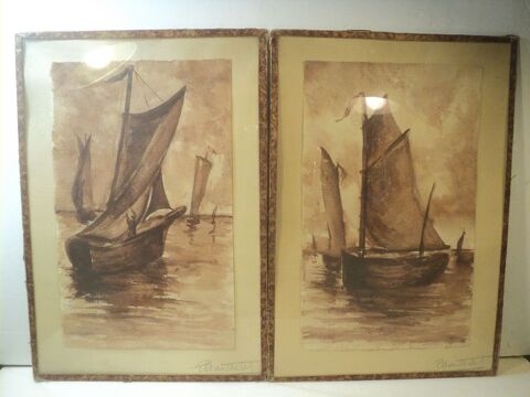 Paires d'Aquarelles Marine Bateau Pêcheur Signées 50 Cognac (16)