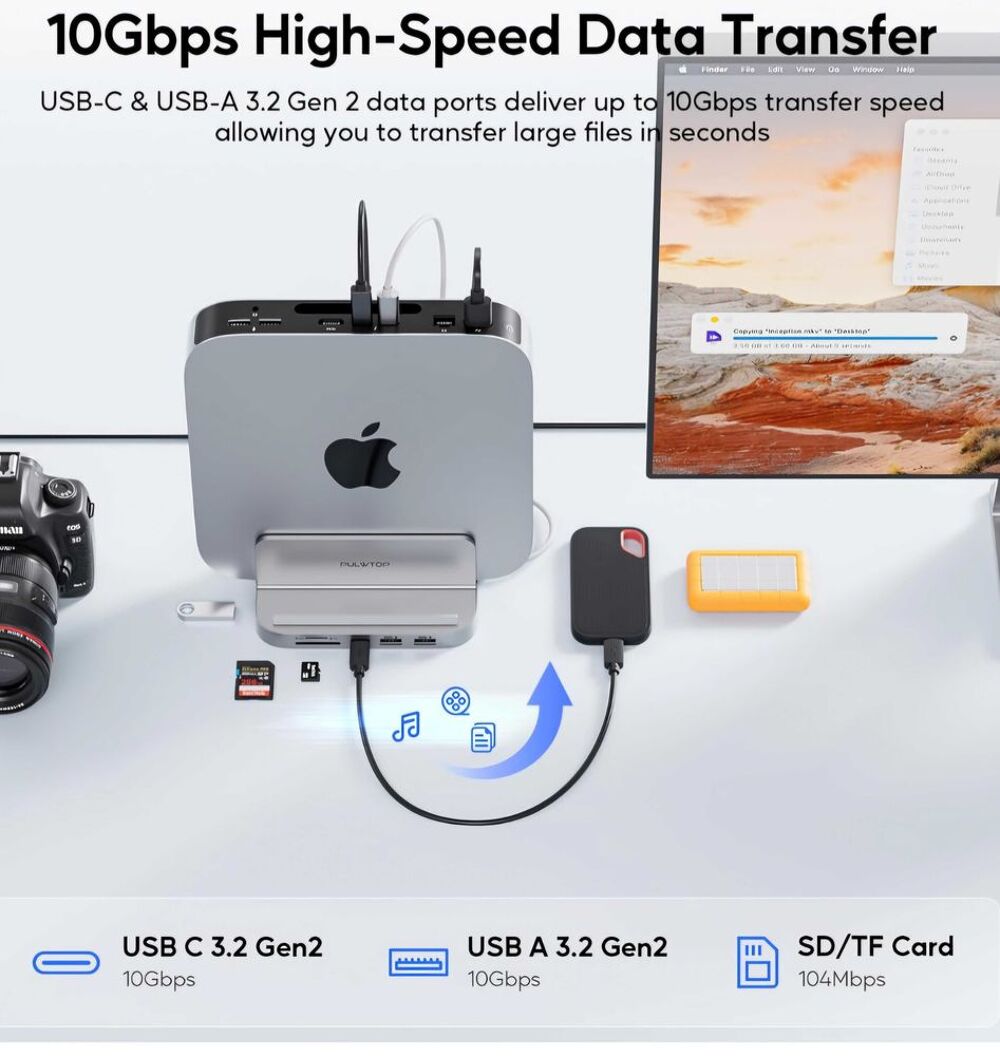 Hub avec bo&icirc;tier M.2 SSD NVMe 8 en 1 Station d'accueil Verticale avec USB A/C 10 Gbit/s, Mac Mini Dock avec SD/TF, M.2 SSD pour Mac Mini M2/M1 Matériel informatique