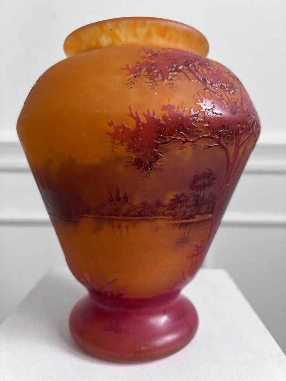 VASE DAUM NAN&agrave; &amp;#135;Y MULTICOUCHE DEGAGE &agrave; € L'ACIDE PAYSAGE LACUSTRE D'EPOQUE ART NOUVEAU 1890-1910 EN PARFAIT ETAT 
