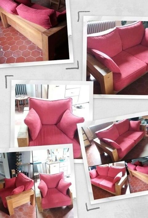 1 Canapé et 1 Fauteuil en chêne massif coussins rouges Le Châtelet-en-Brie (77)