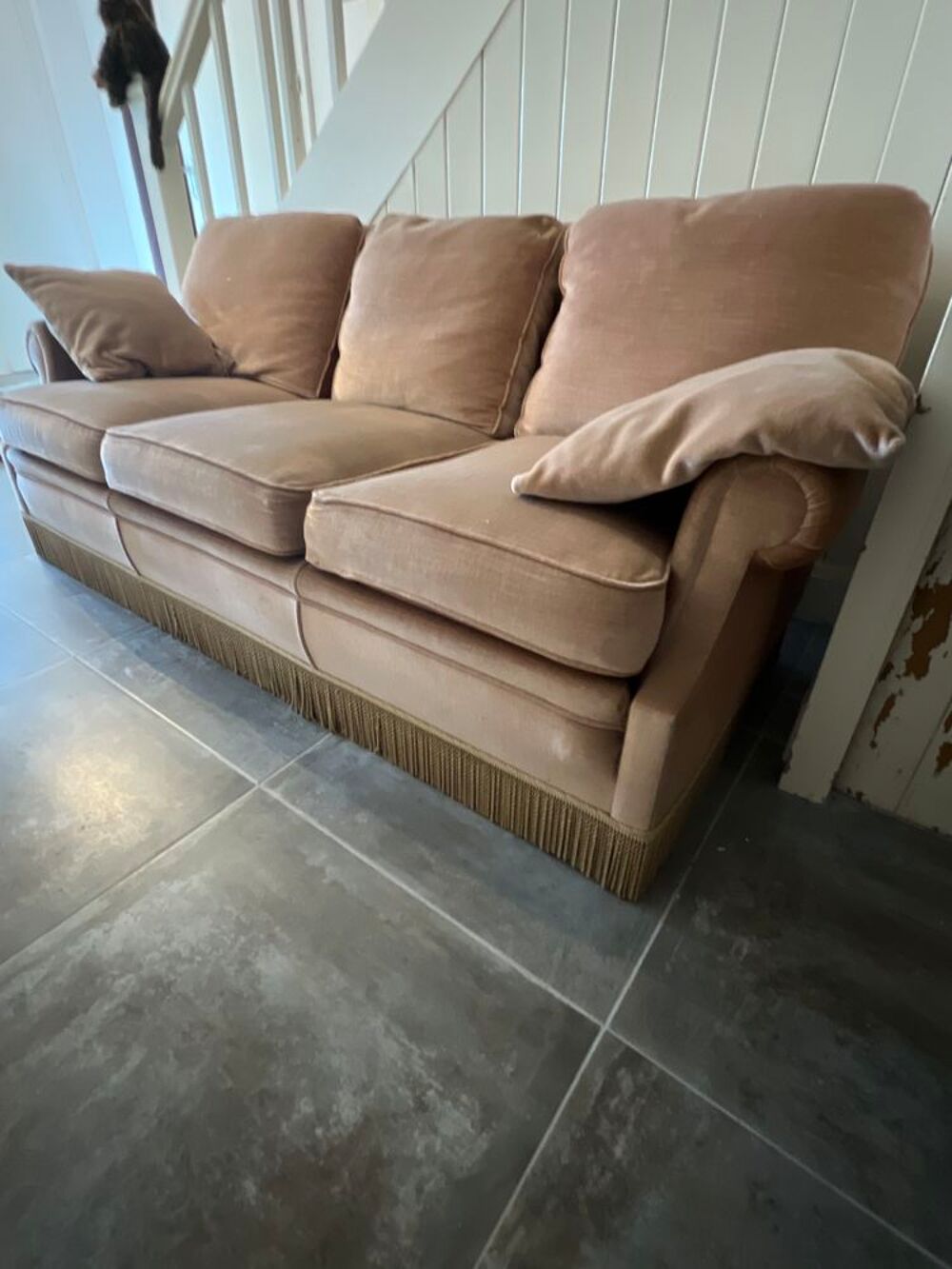 Canap&eacute; velours beige avec deux coussins Meubles