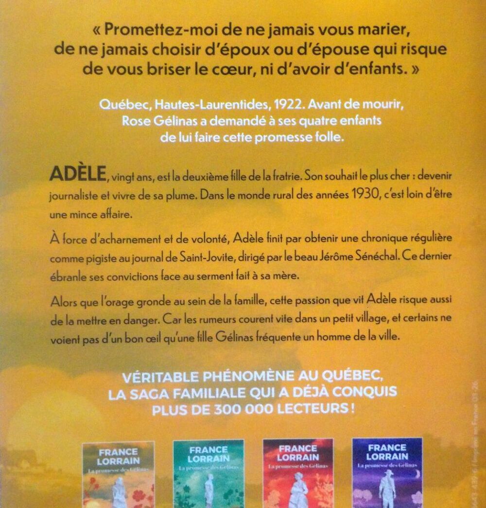 LA PROMESSE DES GELINAS T1 ADELE de France LORRAIN Ed. Verso Livres et BD