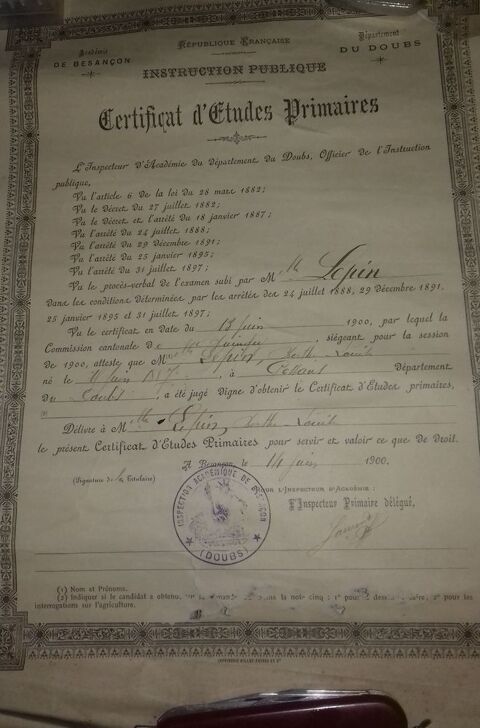 Certificat Etudes Primaires Lepin 1900 15 Besanon (25)