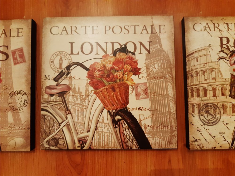 3 tableaux Paris London Rome / capitales bicyclette fleurs Décoration