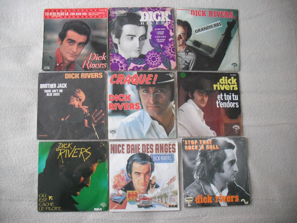 lot de 45t+ affiches de concert + bouteille de DICK RIVERS. CD et vinyles