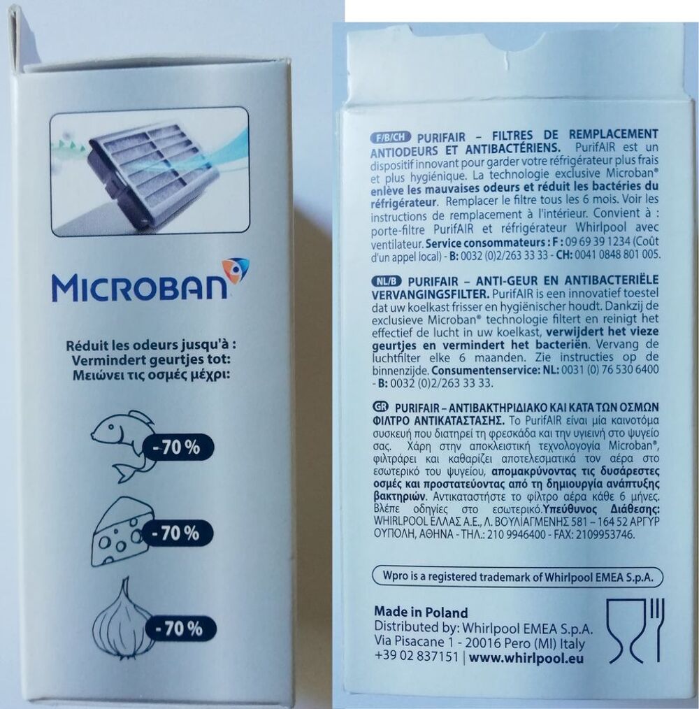 Filtre antibact&eacute;rien PurifAIR pour r&eacute;frig&eacute;rateur Whirlpool Electroménager