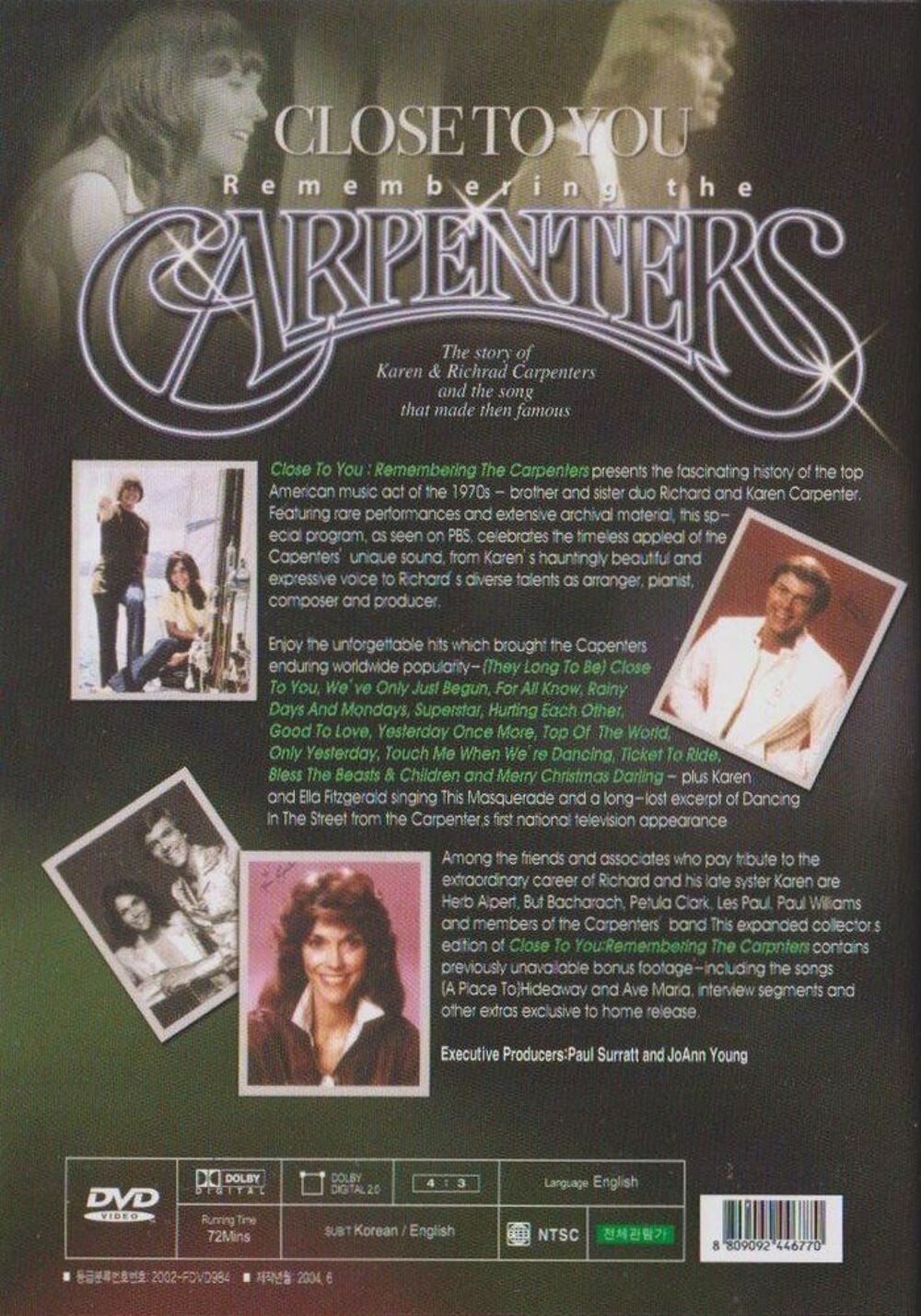 CLOSE TO YOU REMEMBERING THE CARPENTERS DVD et blu-ray