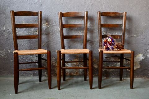 Lot de 3 Chaises paille et bois anciennes design brutaliste 300 Wintzenheim (68)