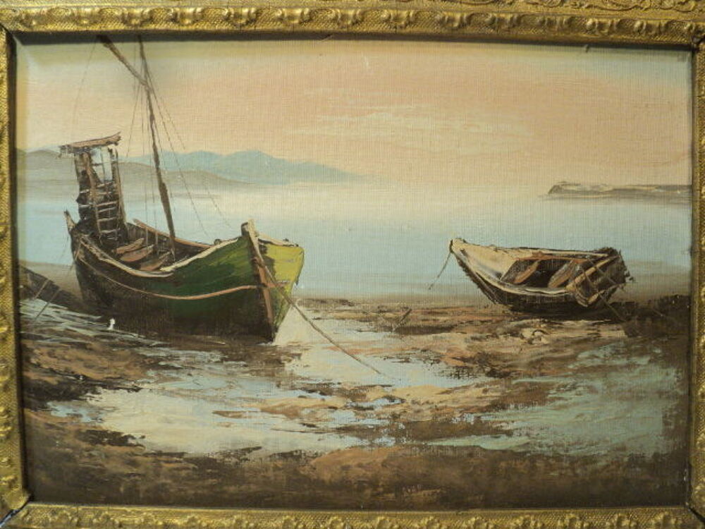 Tableau Ancien Marine Barques Bord de Mer Dcoration